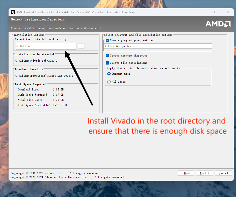 Select Destination Directory - install in root directory